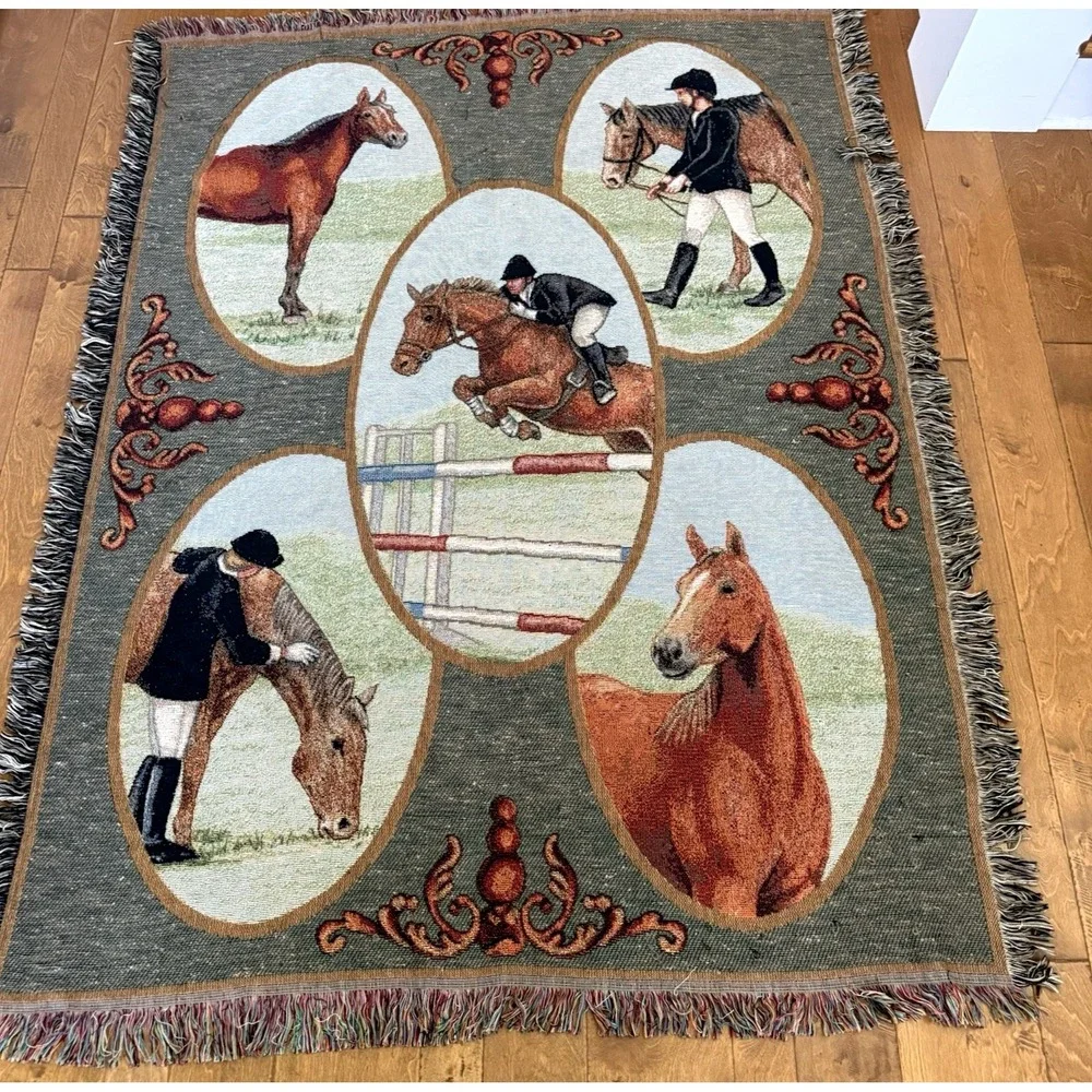 Vintage Run for the Roses Equestrian Tapestry Throw Horse Blanket USA 56x73